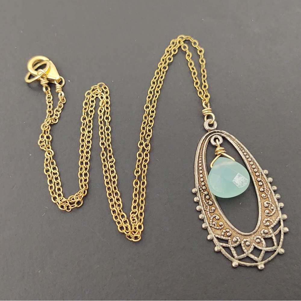 Vintage Gold Filled Necklace W/ Gold Tone & Pastel Green Stone Pendant